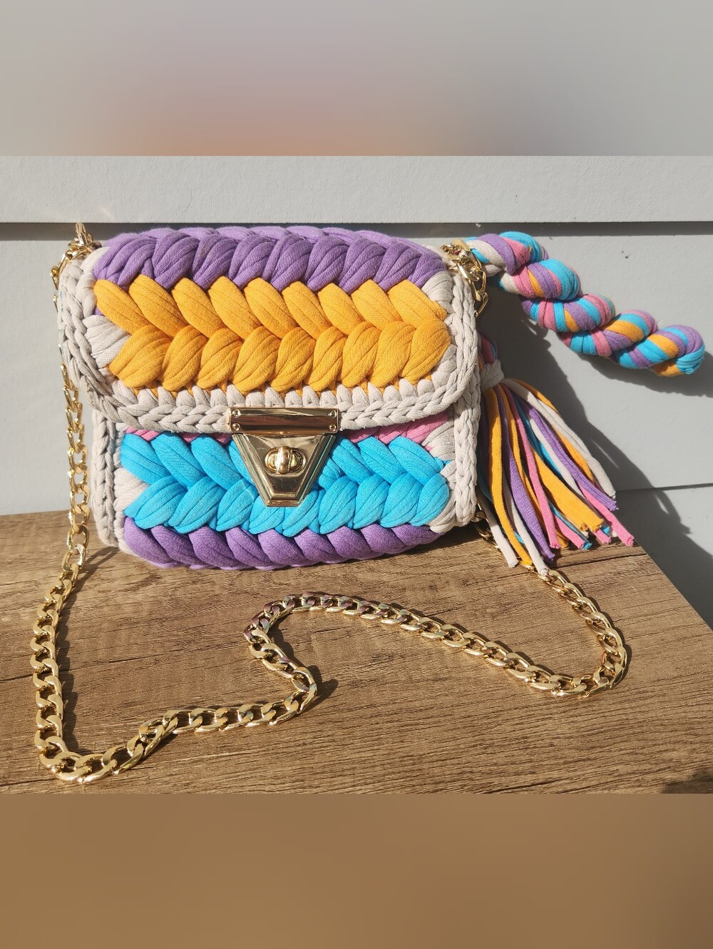 HANDMADE Crochet Shoulder Bag: Braided Handle, Gold Hardware, Luxury Design